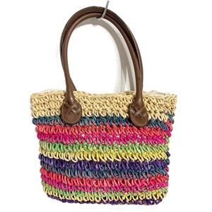 Vintage Cappelli Straworld Multi Colored Straw Handbag Double Leather Handles